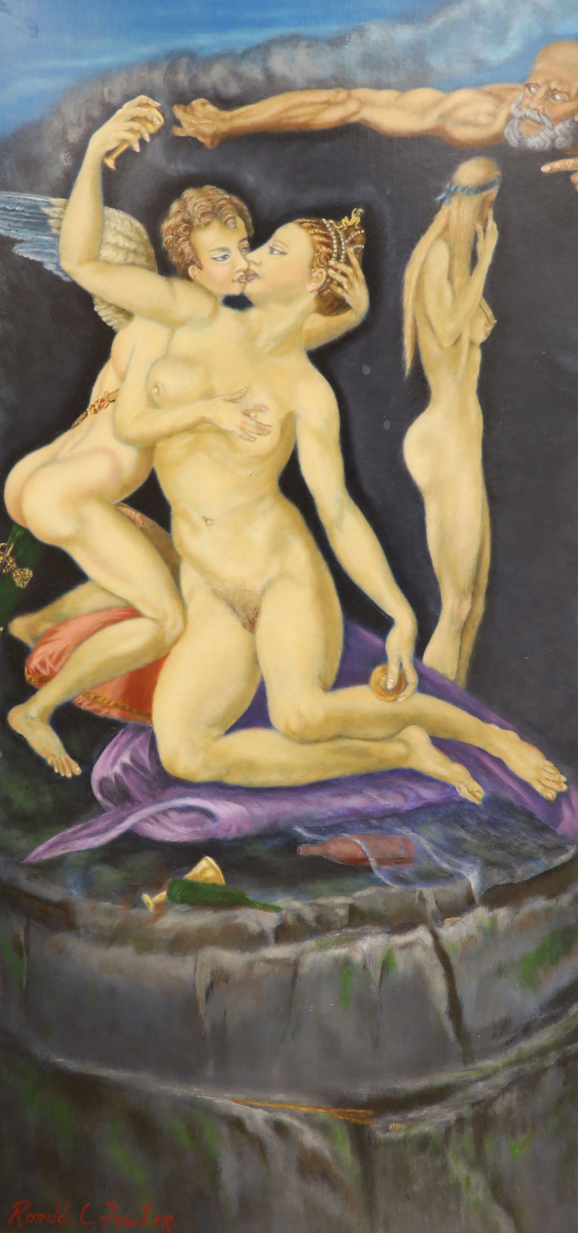 Ronald C. Fowler, oil on board, Venus and Cupid, signed, 120 x 60cm